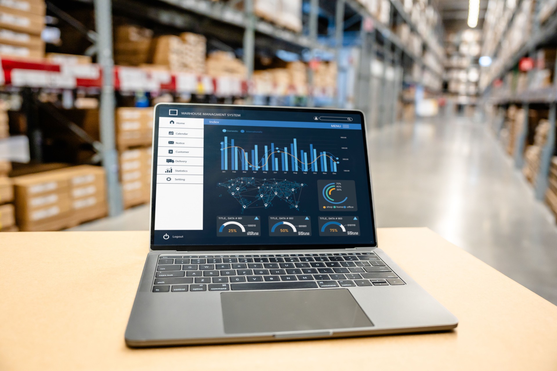 Warehouse management system dashboard on laptop for data analytics, inventory tracking and logistics control in modern storage facility with smart digital technology